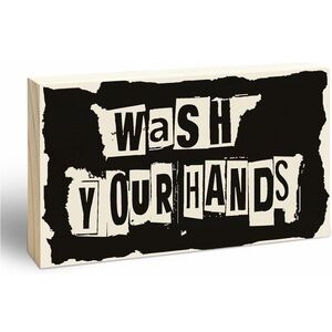 Rustic 'Wash Your Hands' Block Sign in Black & Cream